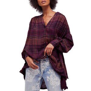 Free People Come On Over Oversized Purple Plaid Flannel Tunic Hi Lo Fray Hem Top